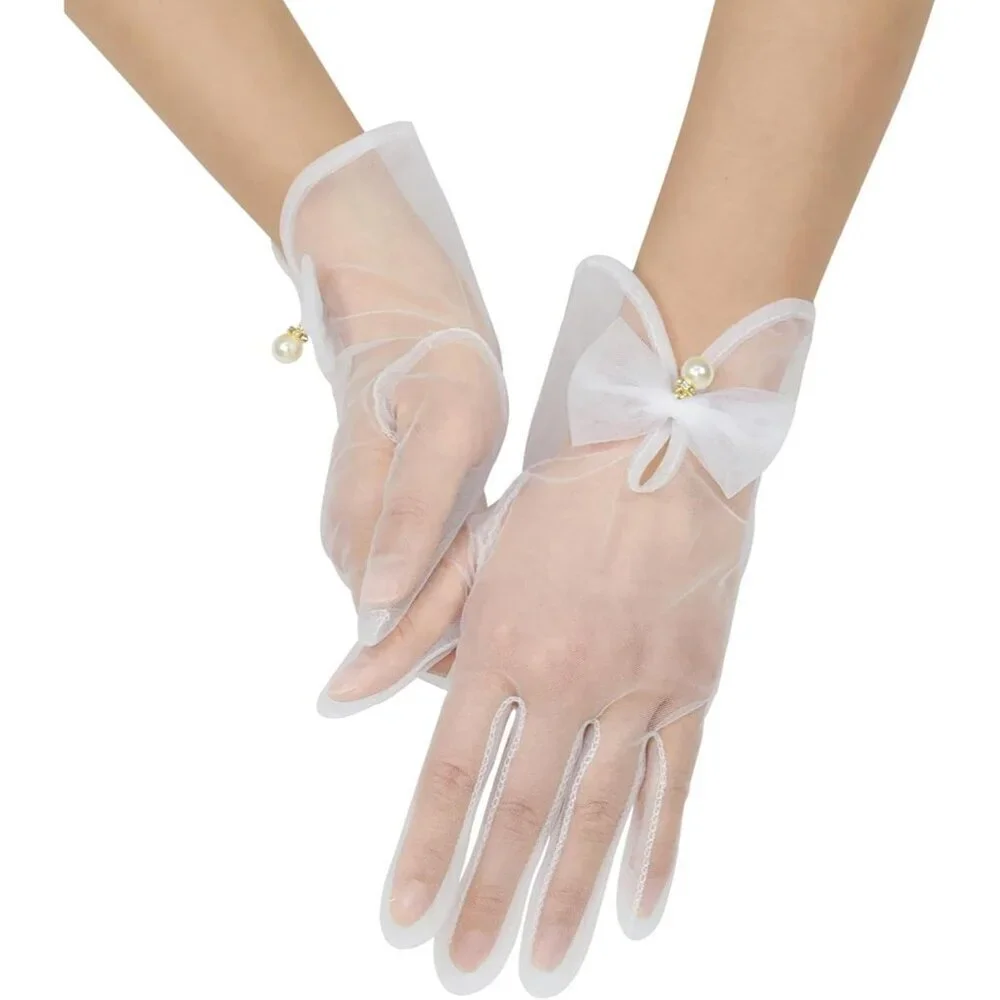 Women's White Bow Tulle Pearls Mesh Tea Short Gloves Party Prom Accessories